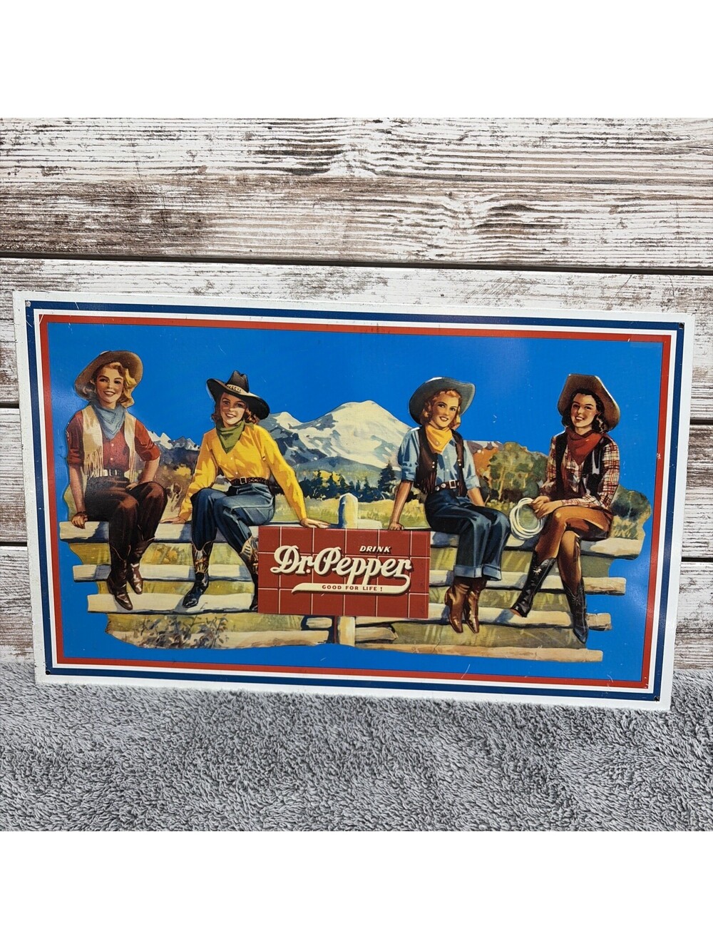 Vintage Drink Dr Pepper 1994 Embossed Metal Sign 4 Cowgirls On Fence Dallas TX